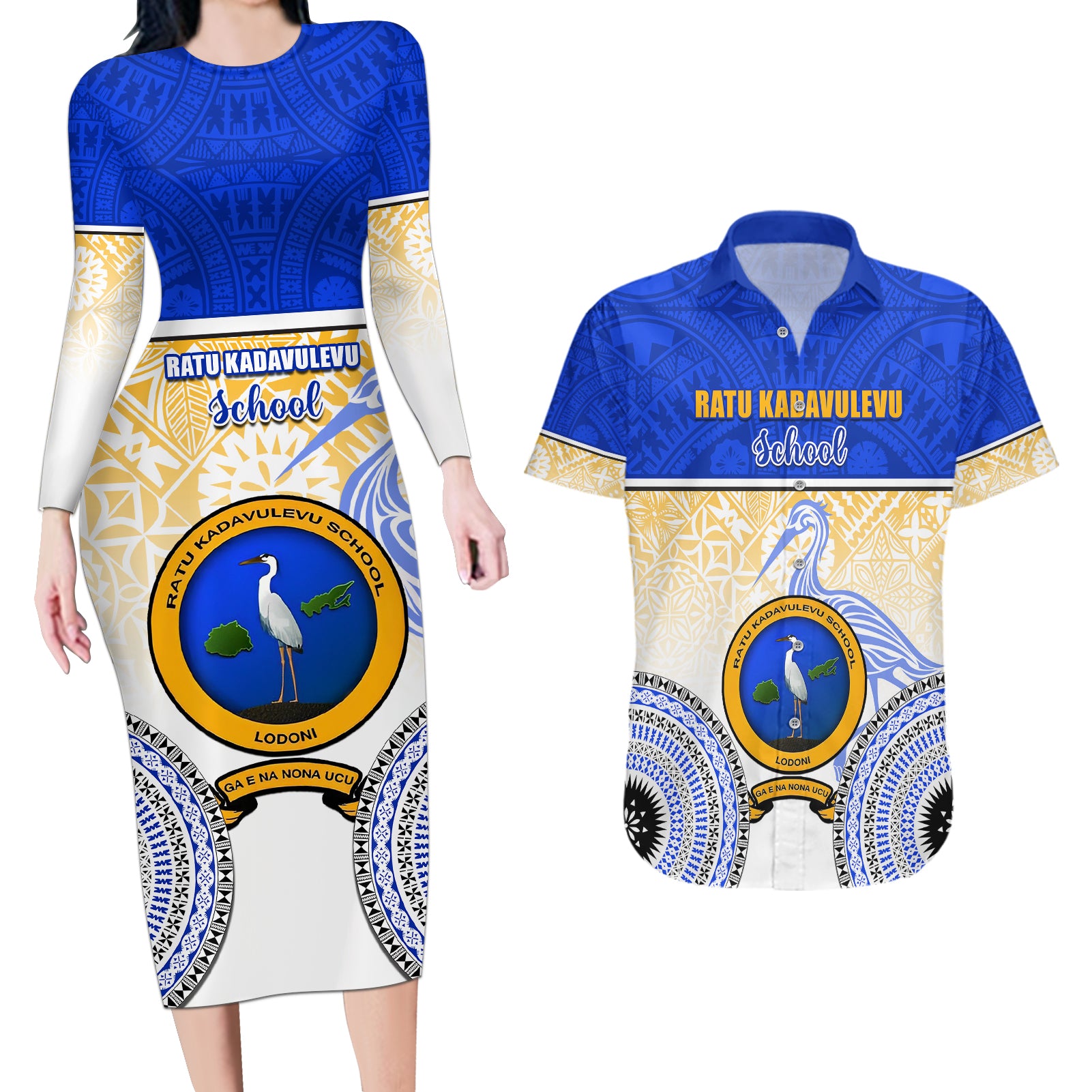 Personalized Ratu Kadavulevu School Couples Matching Long Sleeve Bodycon Dress and Hawaiian Shirt With Fijian Tapa Pattern LT05 - Polynesian Pride