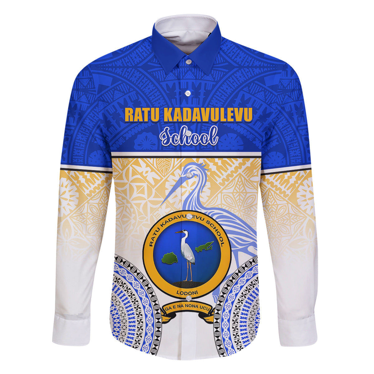Personalized Ratu Kadavulevu School Family Matching Off Shoulder Short Dress and Hawaiian Shirt With Fijian Tapa Pattern LT05 Dad's Shirt - Long Sleeve Blue - Polynesian Pride