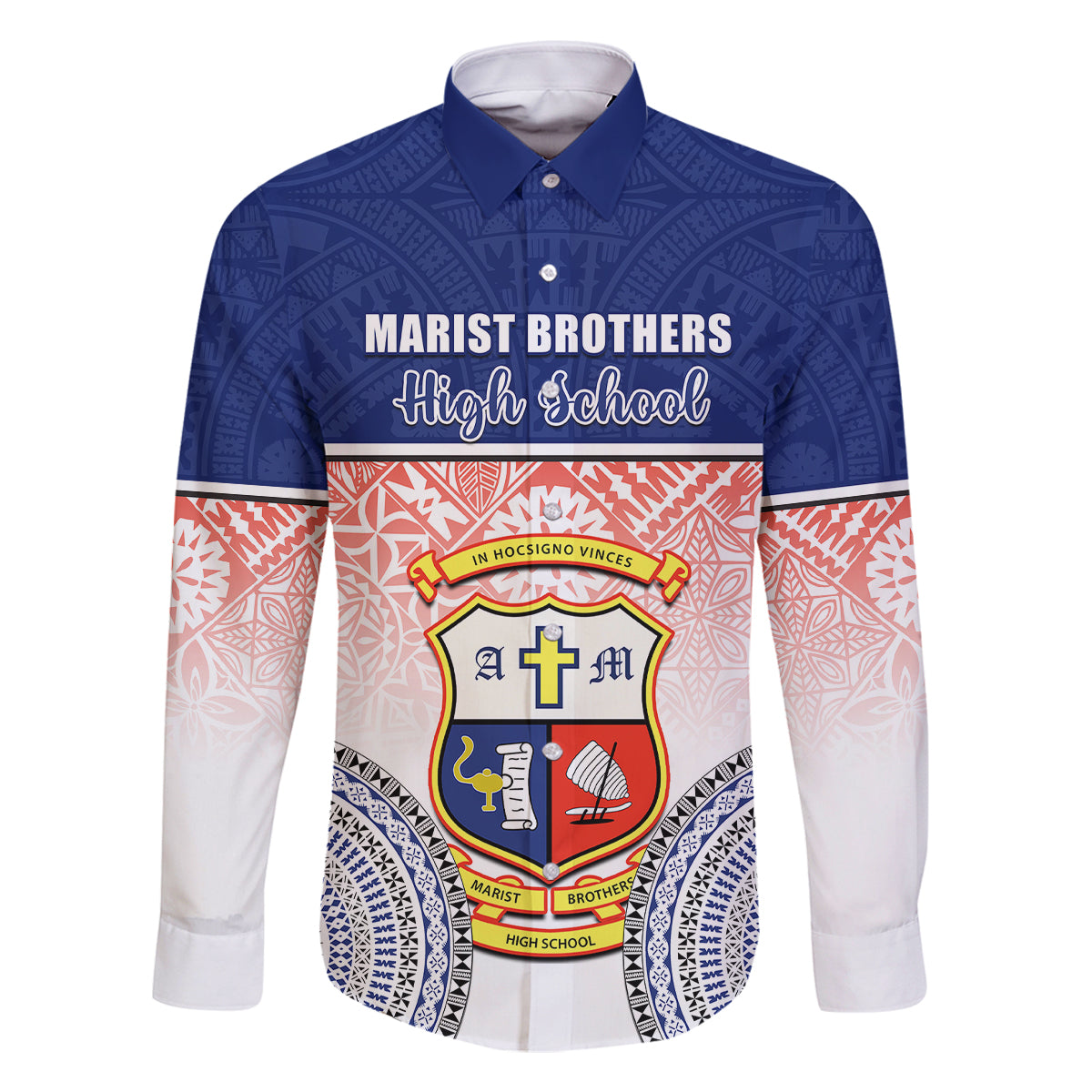 Personalized Marist Brothers High School Family Matching Off Shoulder Short Dress and Hawaiian Shirt With Fijian Tapa Pattern LT05 Dad's Shirt - Long Sleeve Blue - Polynesian Pride