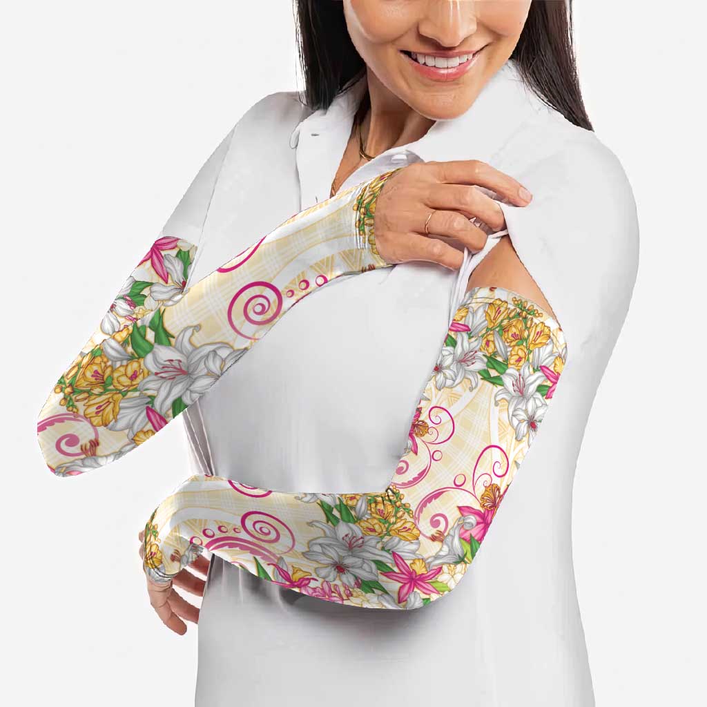 Hawaii Palaka Arm Sleeves Yellow Tribal Pattern With Tropical Flowers - Polynesian Pride