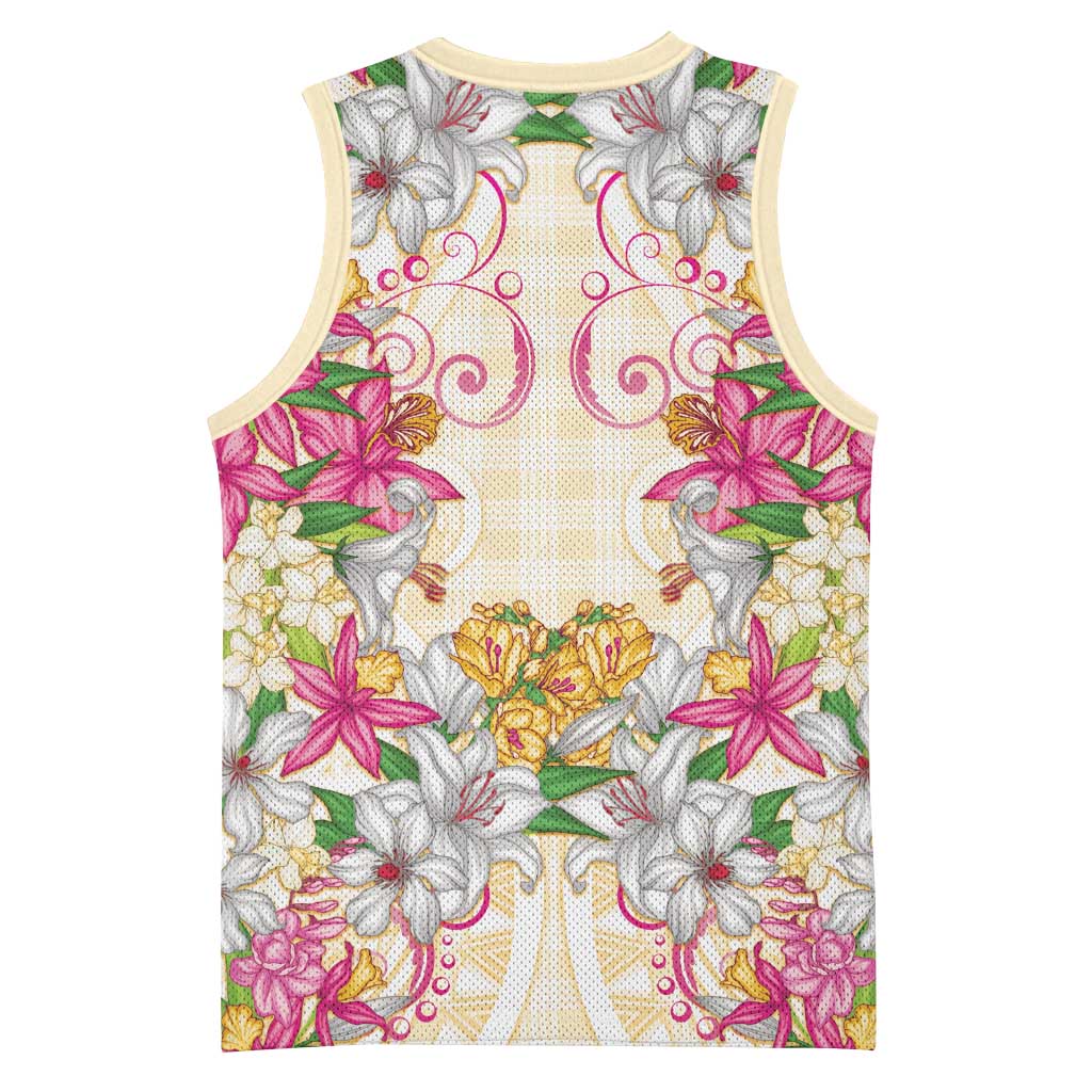 Hawaii Palaka Basketball Jersey Yellow Tribal Pattern With Tropical Flowers - Polynesian Pride