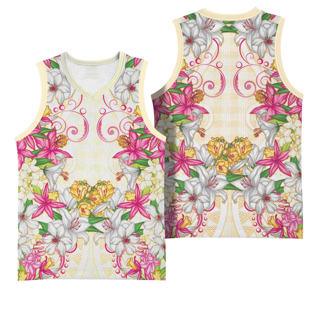 Hawaii Palaka Basketball Jersey Yellow Tribal Pattern With Tropical Flowers - Polynesian Pride