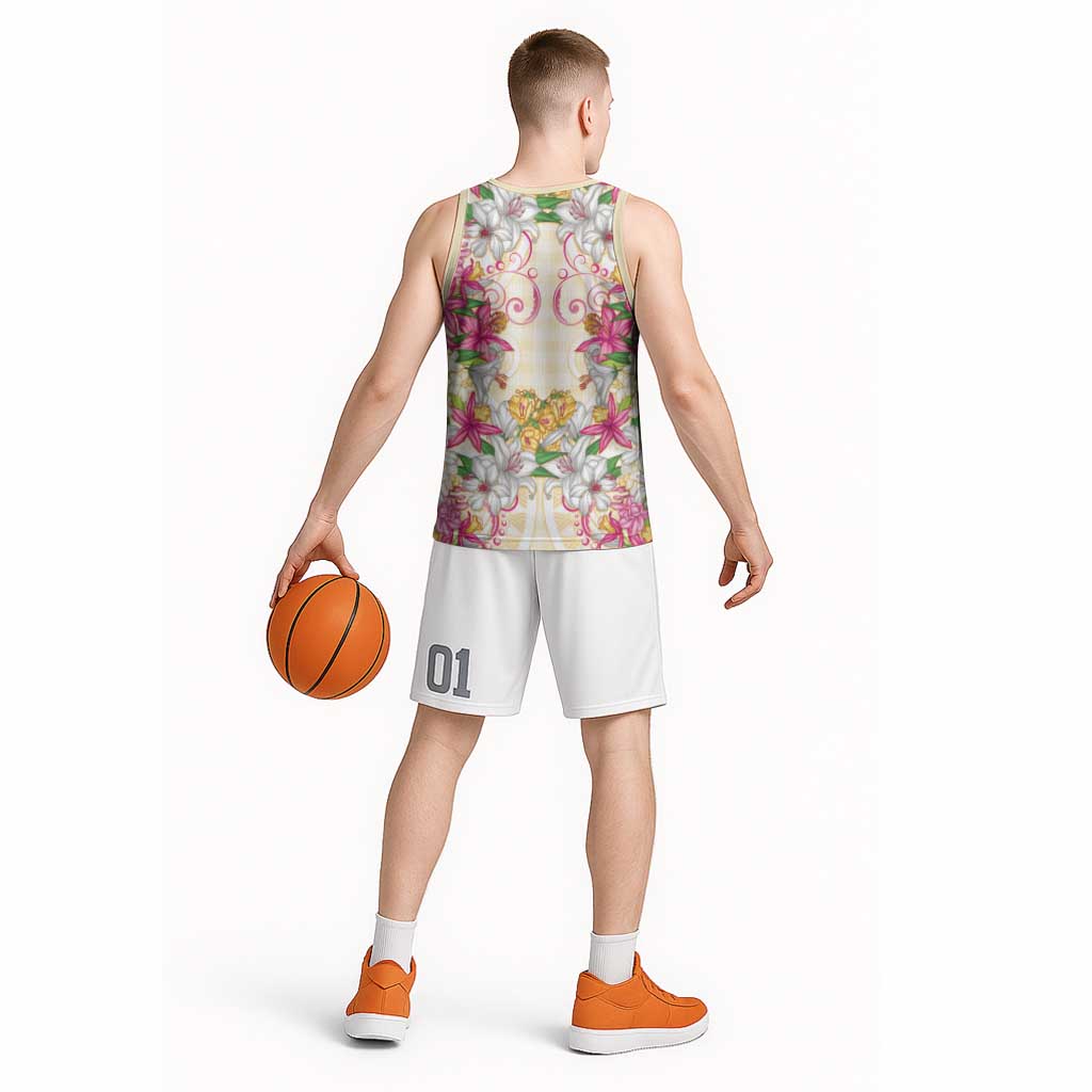 Hawaii Palaka Basketball Jersey Yellow Tribal Pattern With Tropical Flowers - Polynesian Pride