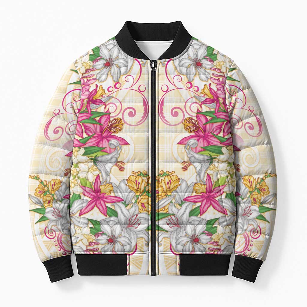 Hawaii Palaka Bomber Puffer Jacket Yellow Tribal Pattern With Tropical Flowers - Polynesian Pride