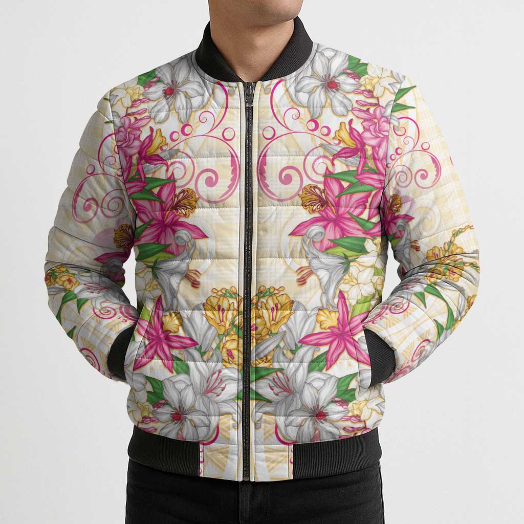 Hawaii Palaka Bomber Puffer Jacket Yellow Tribal Pattern With Tropical Flowers - Polynesian Pride