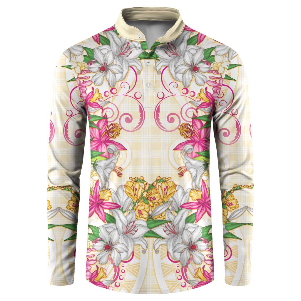 Hawaii Palaka Button Sweatshirt Yellow Tribal Pattern With Tropical Flowers - Polynesian Pride