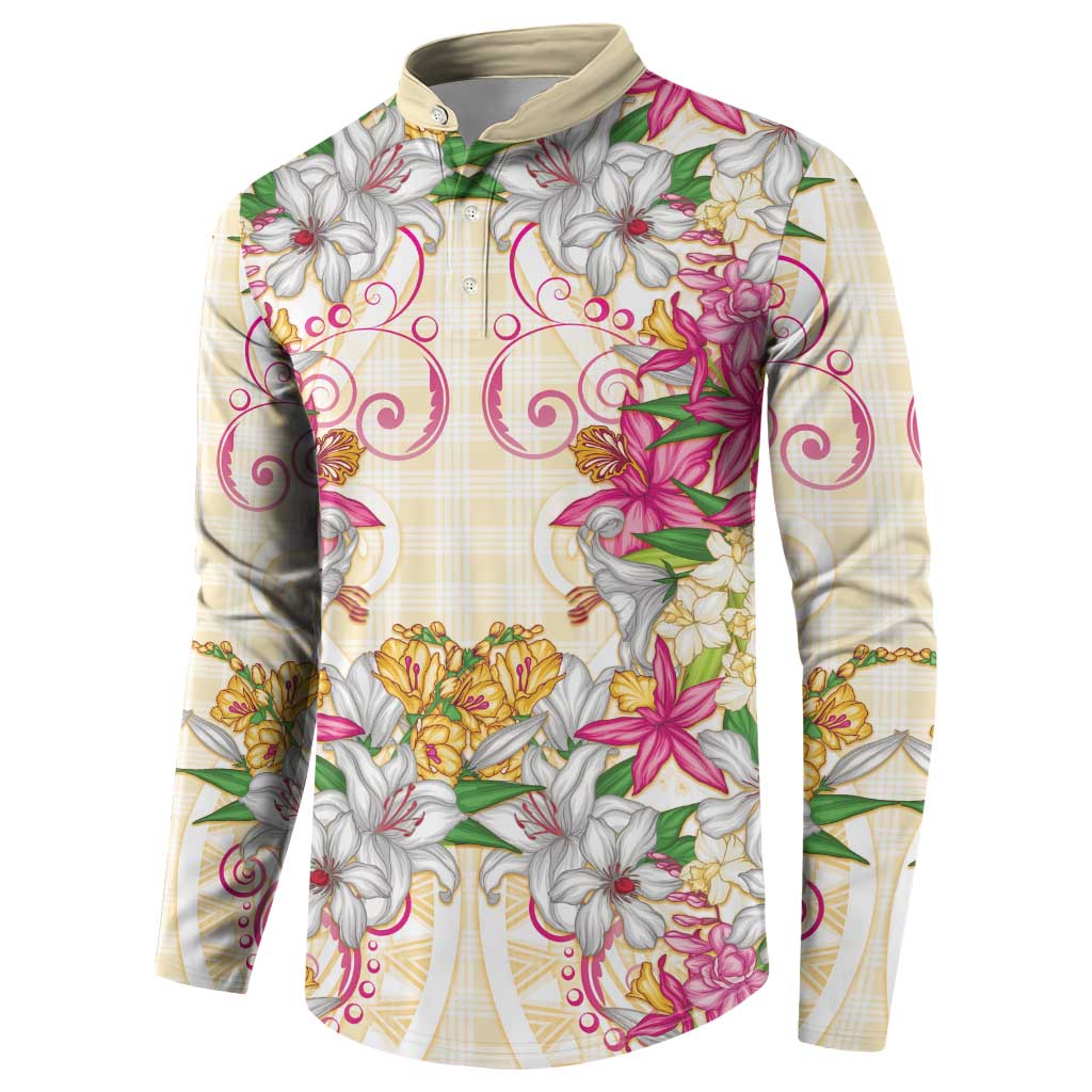Hawaii Palaka Button Sweatshirt Yellow Tribal Pattern With Tropical Flowers - Polynesian Pride