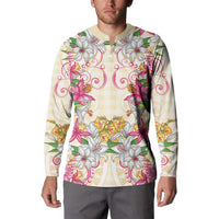 Hawaii Palaka Button Sweatshirt Yellow Tribal Pattern With Tropical Flowers - Polynesian Pride
