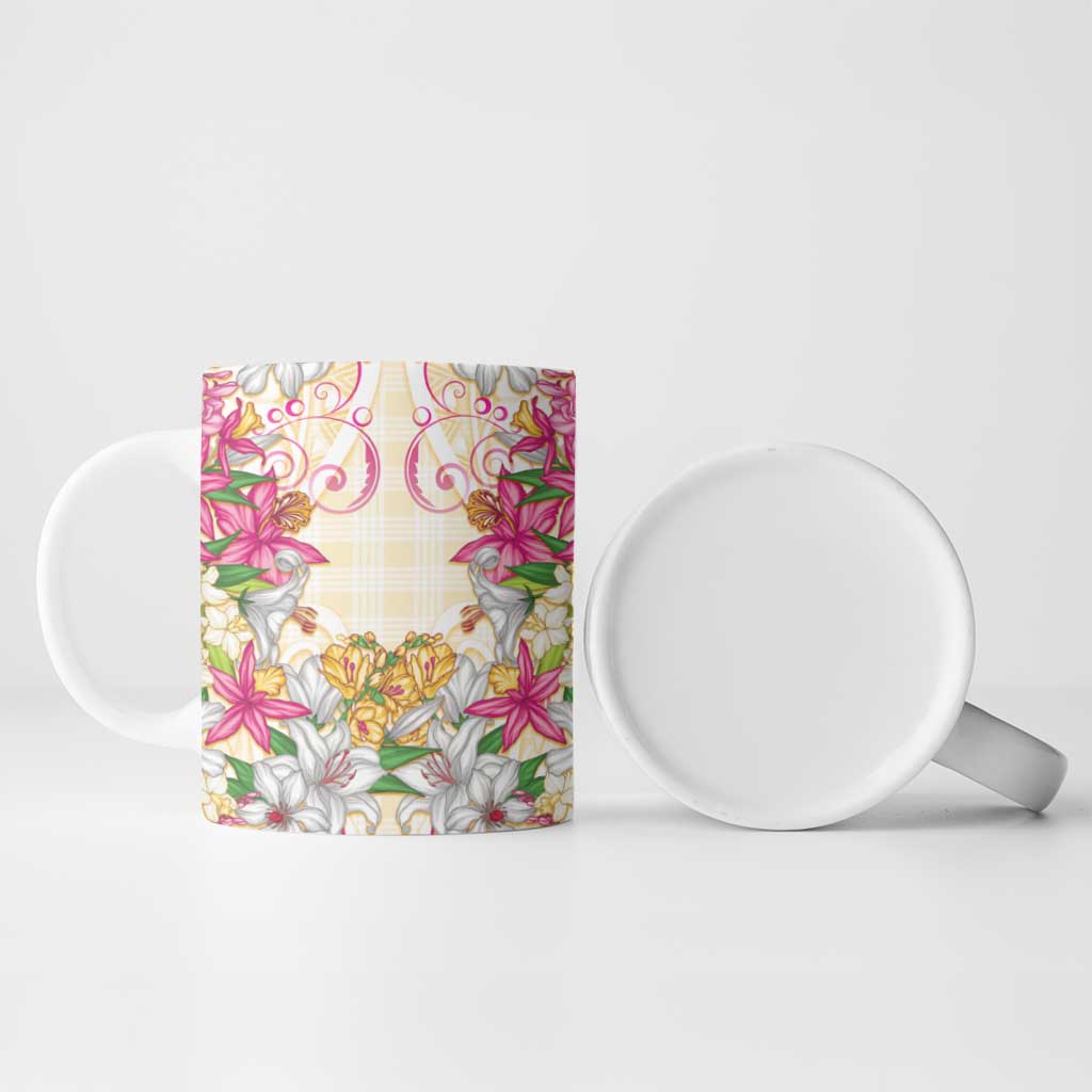 Hawaii Palaka Ceramic Mug Yellow Tribal Pattern With Tropical Flowers - Polynesian Pride