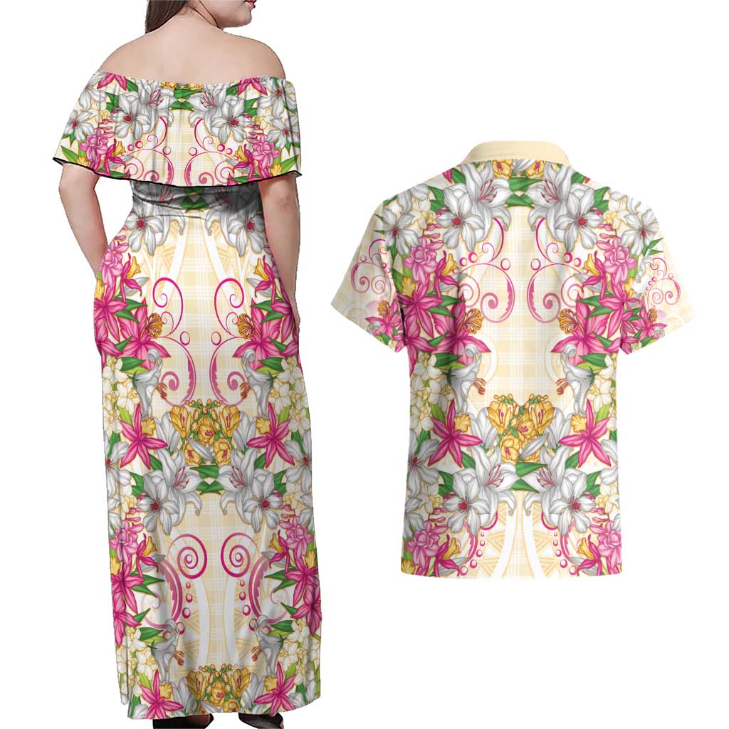 Hawaii Palaka Couples Matching Off Shoulder Maxi Dress and Hawaiian Shirt Yellow Tribal Pattern With Tropical Flowers - Polynesian Pride