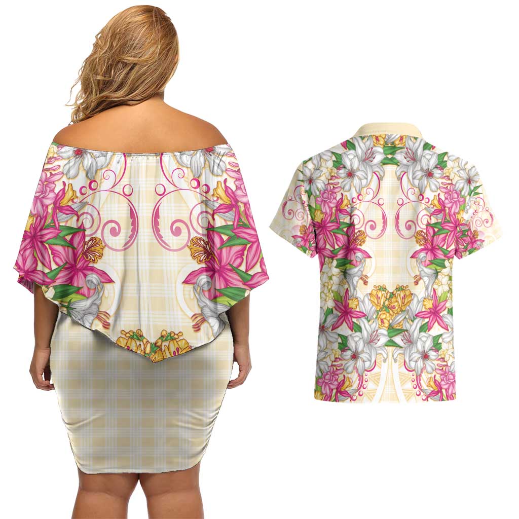 Hawaii Palaka Couples Matching Off Shoulder Short Dress and Hawaiian Shirt Yellow Tribal Pattern With Tropical Flowers - Polynesian Pride
