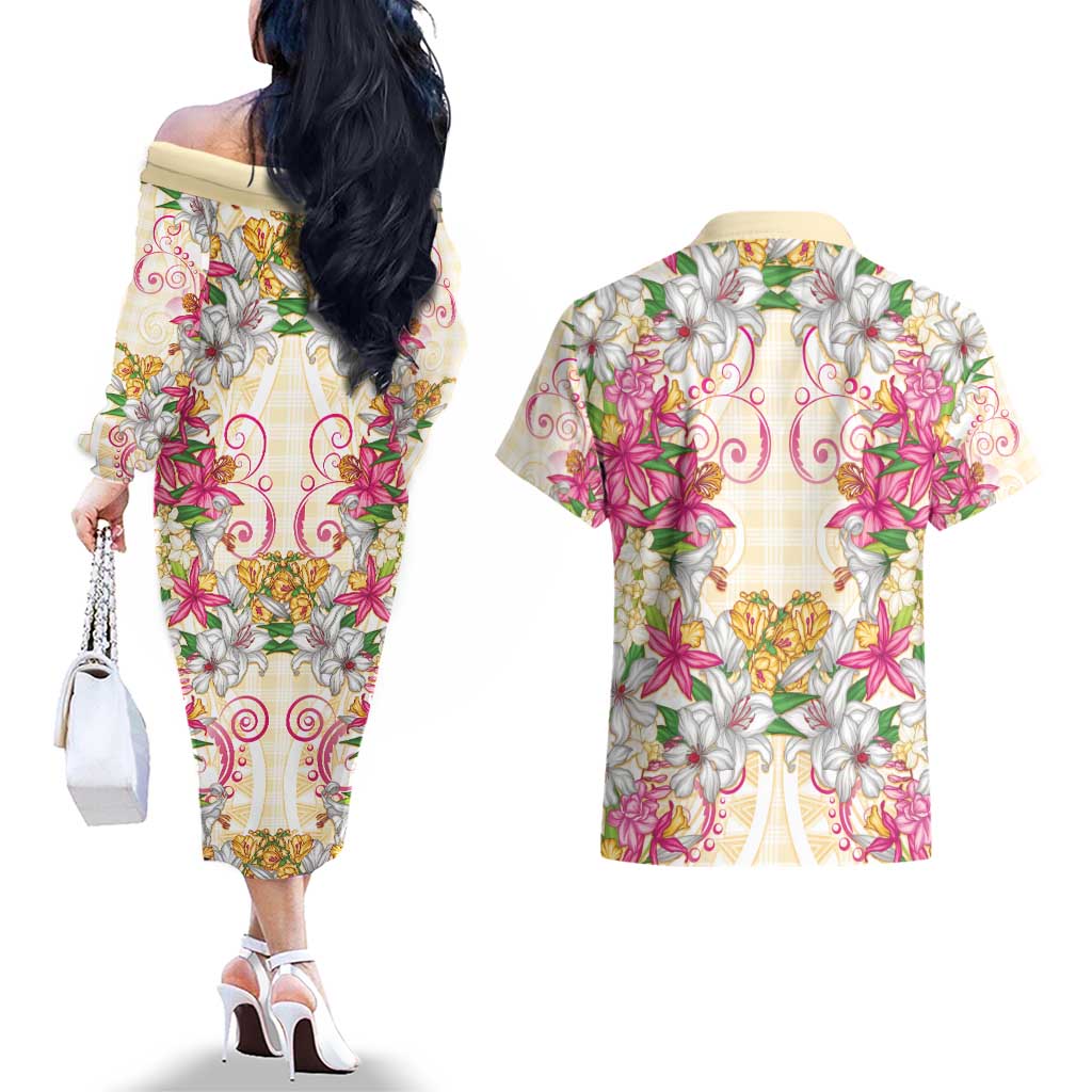 Hawaii Palaka Couples Matching Off The Shoulder Long Sleeve Dress and Hawaiian Shirt Yellow Tribal Pattern With Tropical Flowers - Polynesian Pride