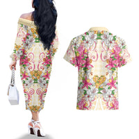 Hawaii Palaka Couples Matching Off The Shoulder Long Sleeve Dress and Hawaiian Shirt Yellow Tribal Pattern With Tropical Flowers - Polynesian Pride