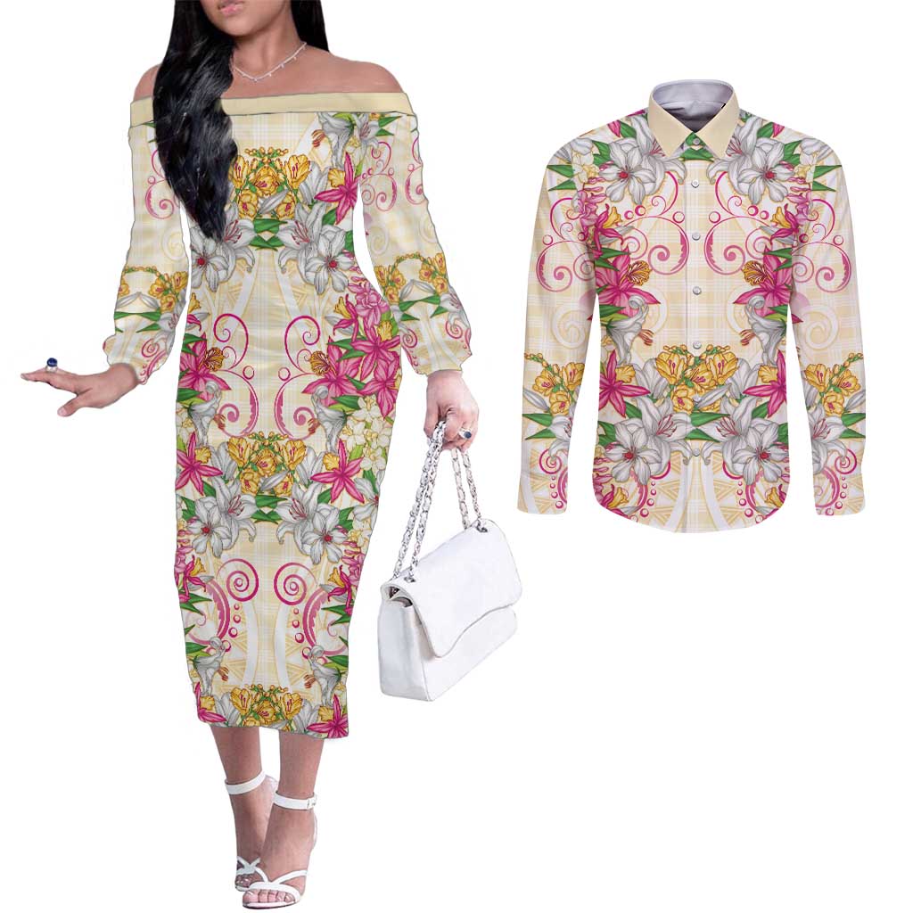 Hawaii Palaka Couples Matching Off The Shoulder Long Sleeve Dress and Long Sleeve Button Shirt Yellow Tribal Pattern With Tropical Flowers - Polynesian Pride