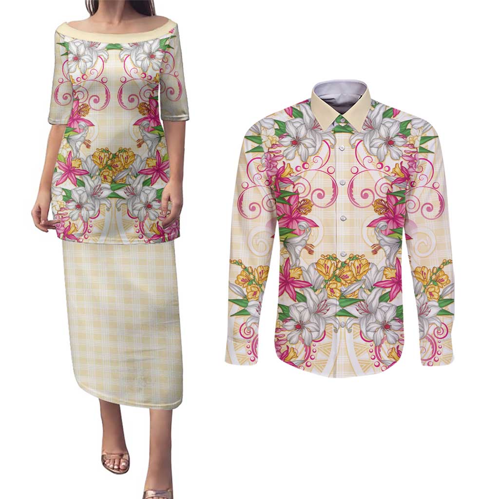 Hawaii Palaka Couples Matching Puletasi and Long Sleeve Button Shirt Yellow Tribal Pattern With Tropical Flowers - Polynesian Pride