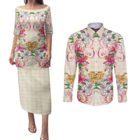 Hawaii Palaka Couples Matching Puletasi and Long Sleeve Button Shirt Yellow Tribal Pattern With Tropical Flowers - Polynesian Pride