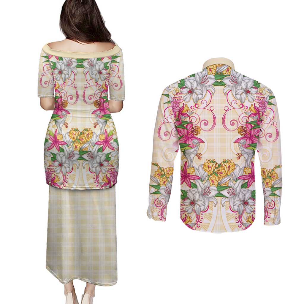 Hawaii Palaka Couples Matching Puletasi and Long Sleeve Button Shirt Yellow Tribal Pattern With Tropical Flowers - Polynesian Pride