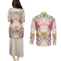 Hawaii Palaka Couples Matching Puletasi and Long Sleeve Button Shirt Yellow Tribal Pattern With Tropical Flowers - Polynesian Pride