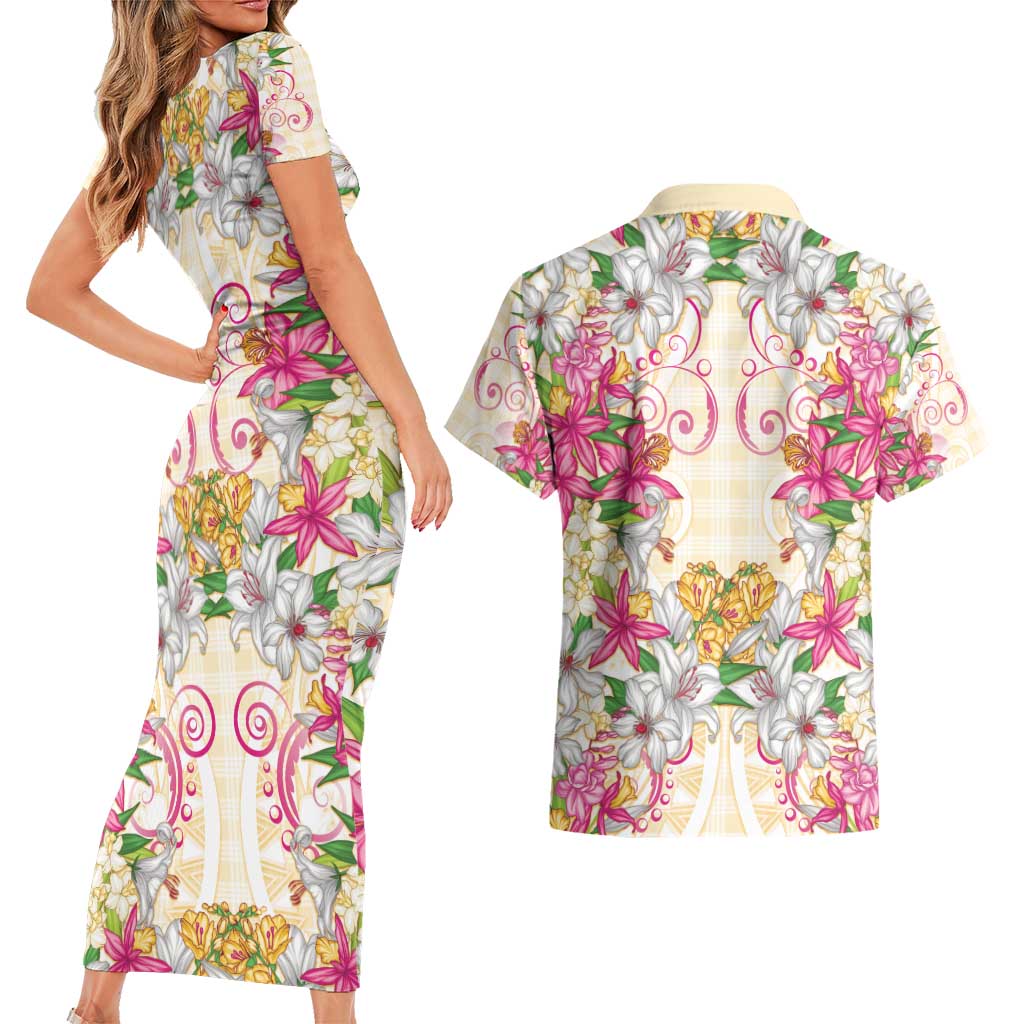 Hawaii Palaka Couples Matching Short Sleeve Bodycon Dress and Hawaiian Shirt Yellow Tribal Pattern With Tropical Flowers - Polynesian Pride
