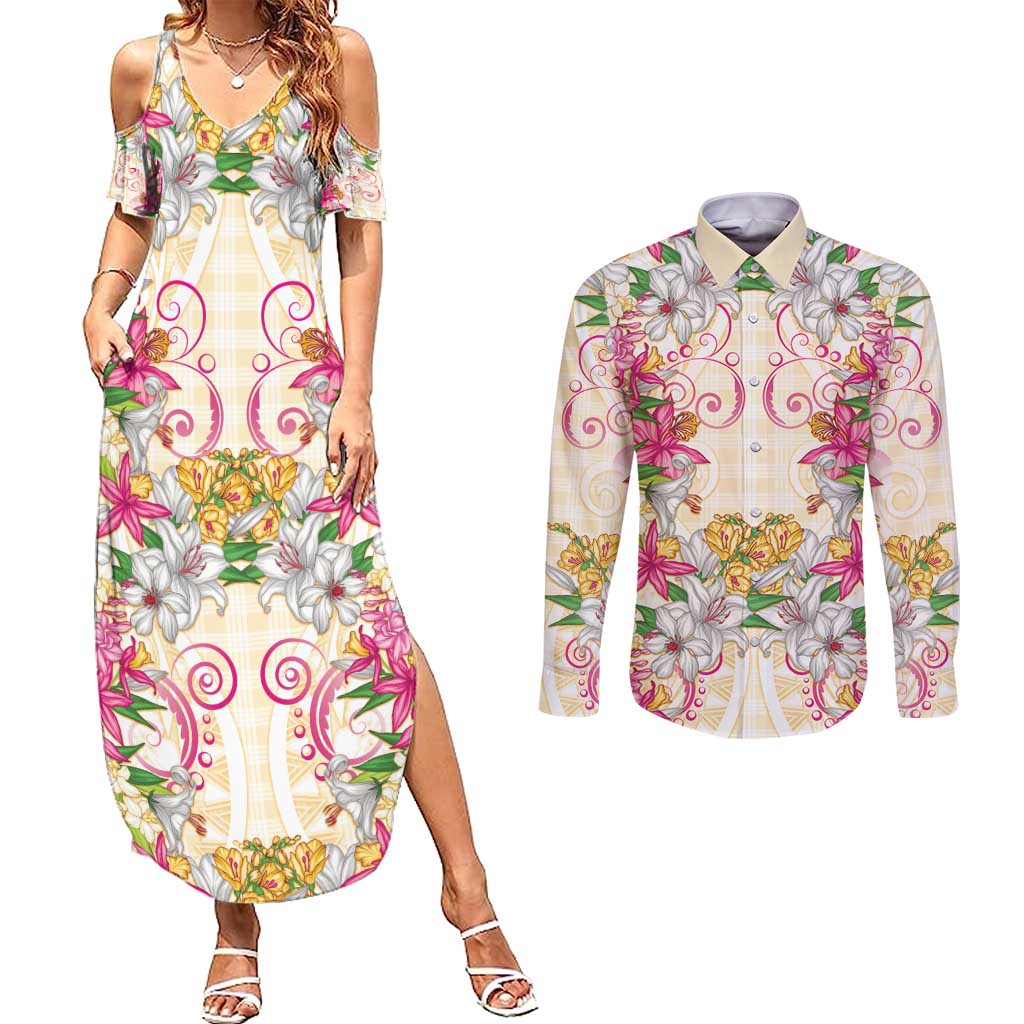 Hawaii Palaka Couples Matching Summer Maxi Dress and Long Sleeve Button Shirt Yellow Tribal Pattern With Tropical Flowers - Polynesian Pride