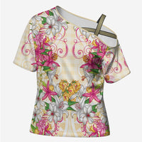 Hawaii Palaka Cross Shoulder Shirt Yellow Tribal Pattern With Tropical Flowers - Polynesian Pride