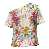 Hawaii Palaka Cross Shoulder Shirt Yellow Tribal Pattern With Tropical Flowers - Polynesian Pride