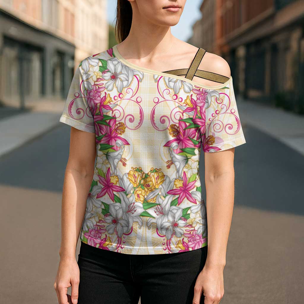 Hawaii Palaka Cross Shoulder Shirt Yellow Tribal Pattern With Tropical Flowers - Polynesian Pride