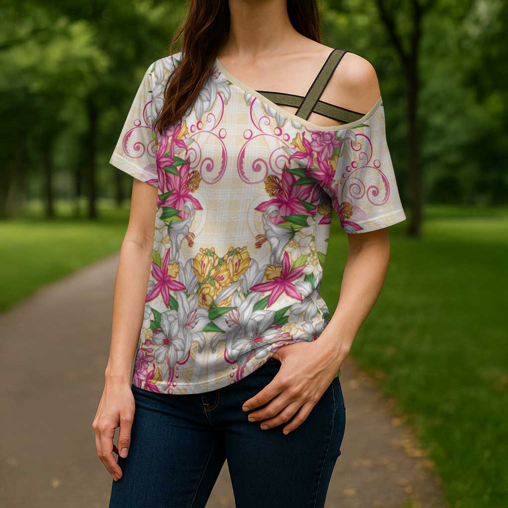 Hawaii Palaka Cross Shoulder Shirt Yellow Tribal Pattern With Tropical Flowers - Polynesian Pride