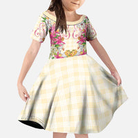 Hawaii Palaka Family Matching Long Sleeve Bodycon Dress and Hawaiian Shirt Yellow Tribal Pattern With Tropical Flowers LT05 Daughter's Dress Yellow - Polynesian Pride