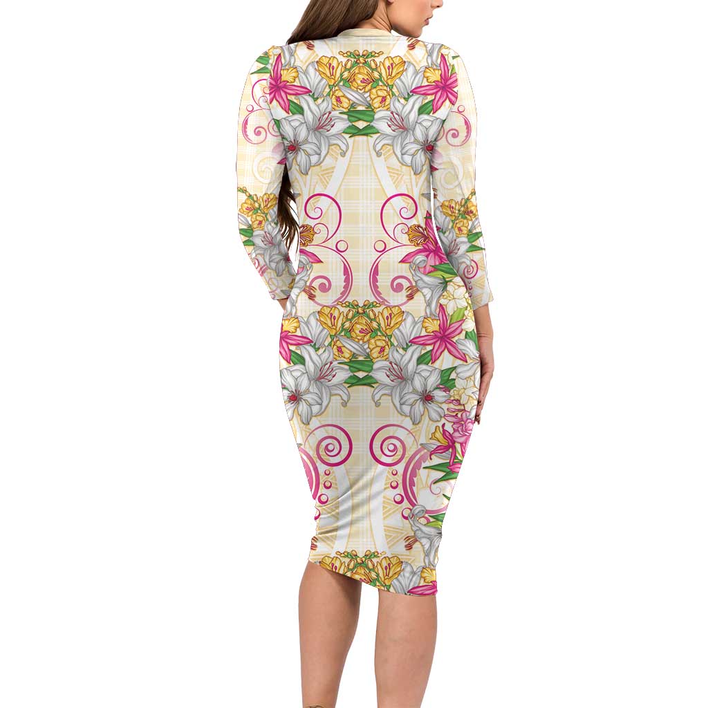 Hawaii Palaka Family Matching Long Sleeve Bodycon Dress and Hawaiian Shirt Yellow Tribal Pattern With Tropical Flowers LT05 - Polynesian Pride