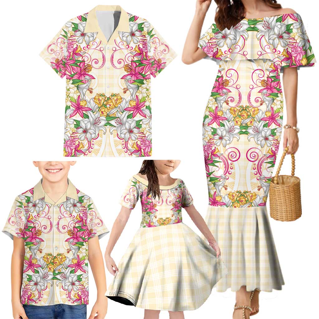 Hawaii Palaka Family Matching Mermaid Dress and Hawaiian Shirt Yellow Tribal Pattern With Tropical Flowers LT05 - Polynesian Pride