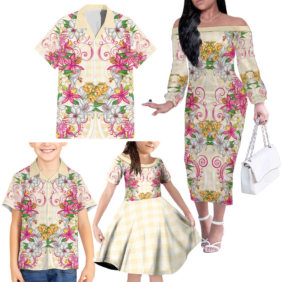 Hawaii Palaka Family Matching Off The Shoulder Long Sleeve Dress and Hawaiian Shirt Yellow Tribal Pattern With Tropical Flowers LT05 - Polynesian Pride