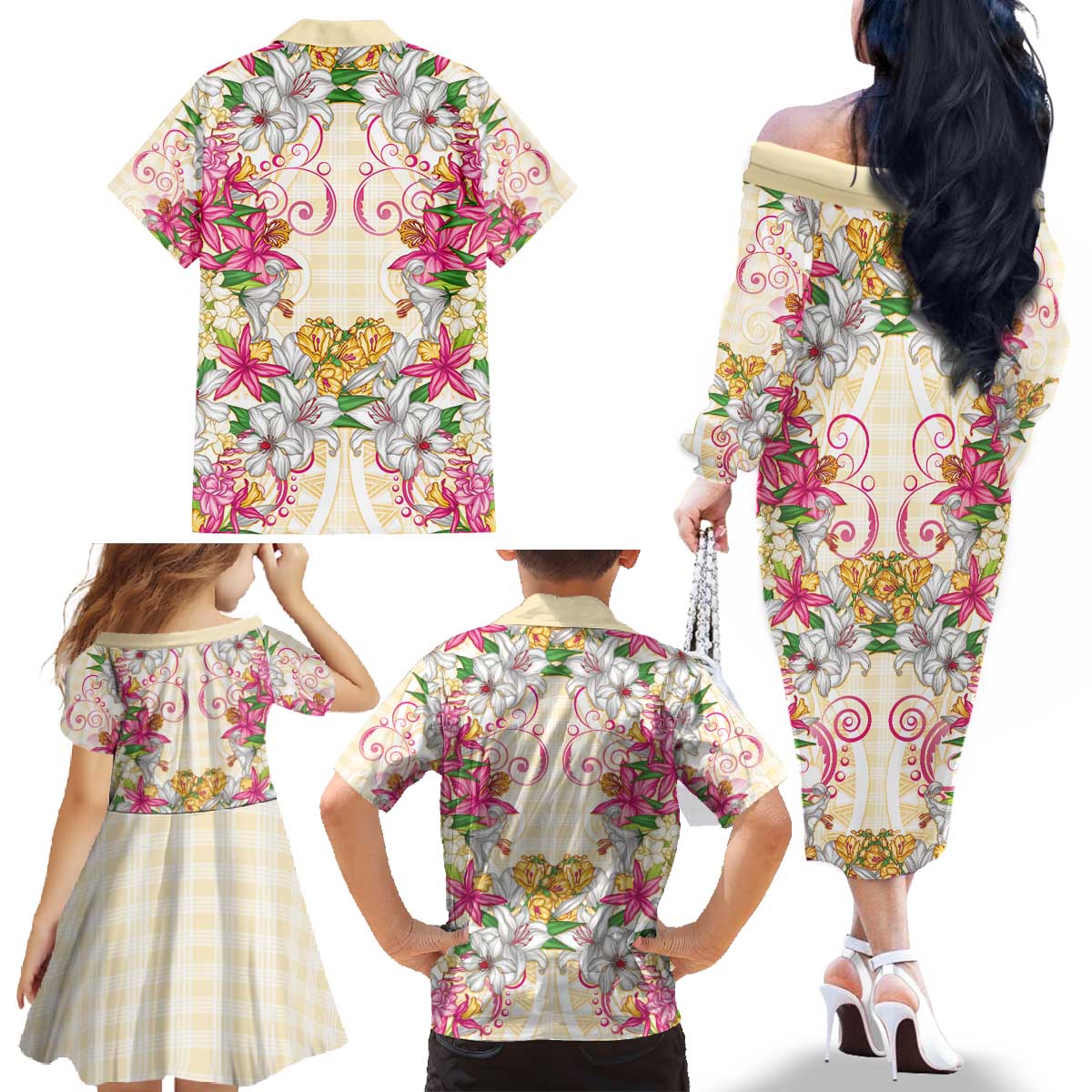 Hawaii Palaka Family Matching Off The Shoulder Long Sleeve Dress and Hawaiian Shirt Yellow Tribal Pattern With Tropical Flowers LT05 - Polynesian Pride