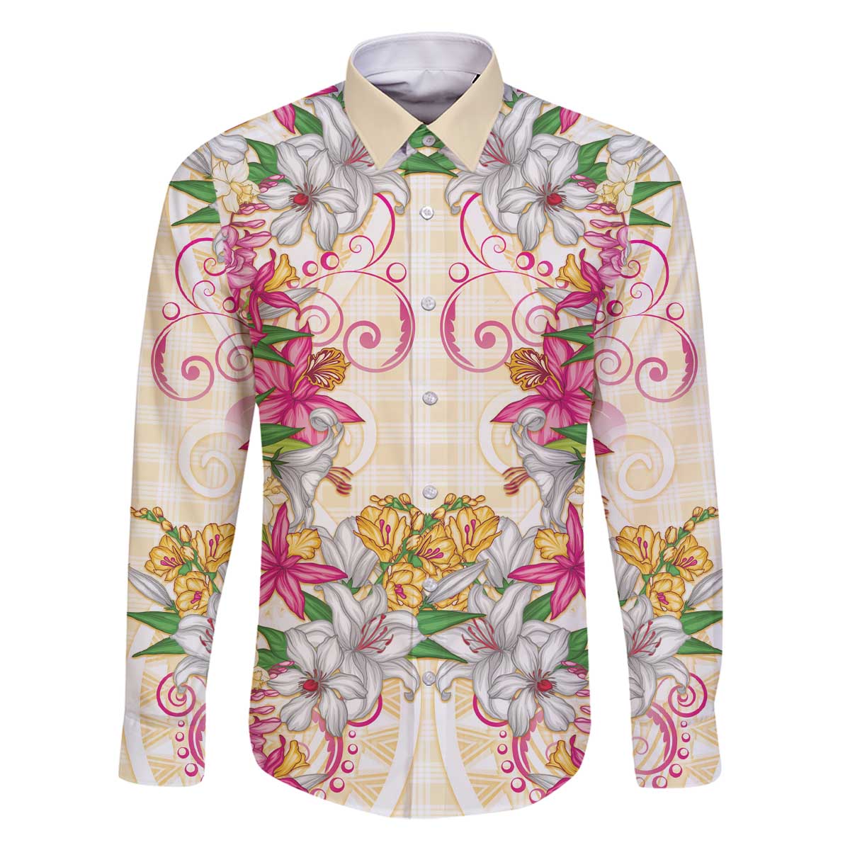 Hawaii Palaka Family Matching Off The Shoulder Long Sleeve Dress and Hawaiian Shirt Yellow Tribal Pattern With Tropical Flowers LT05 Dad's Shirt - Long Sleeve Yellow - Polynesian Pride
