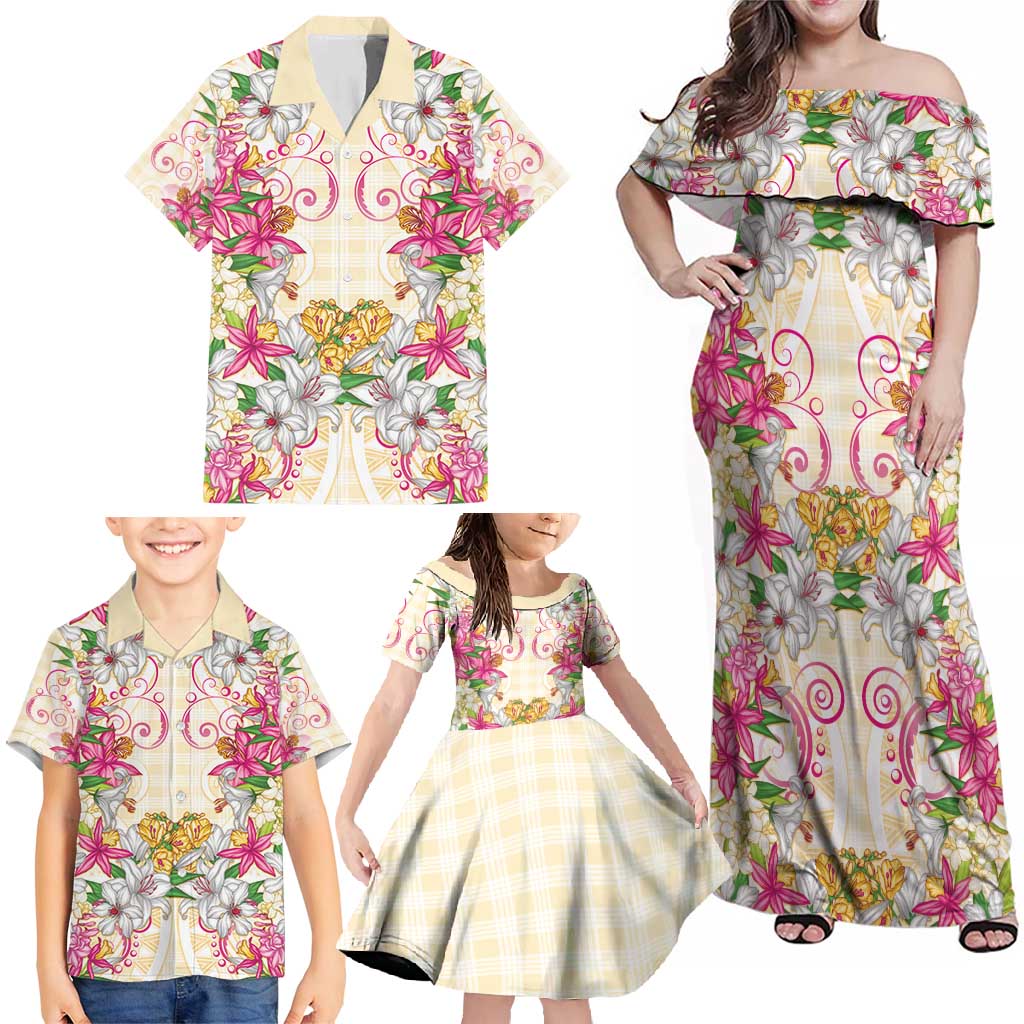 Hawaii Palaka Family Matching Off Shoulder Maxi Dress and Hawaiian Shirt Yellow Tribal Pattern With Tropical Flowers LT05 - Polynesian Pride