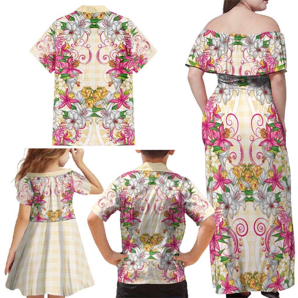 Hawaii Palaka Family Matching Off Shoulder Maxi Dress and Hawaiian Shirt Yellow Tribal Pattern With Tropical Flowers LT05 - Polynesian Pride