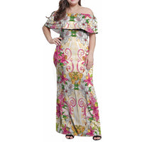 Hawaii Palaka Family Matching Off Shoulder Maxi Dress and Hawaiian Shirt Yellow Tribal Pattern With Tropical Flowers LT05 Mom's Dress Yellow - Polynesian Pride