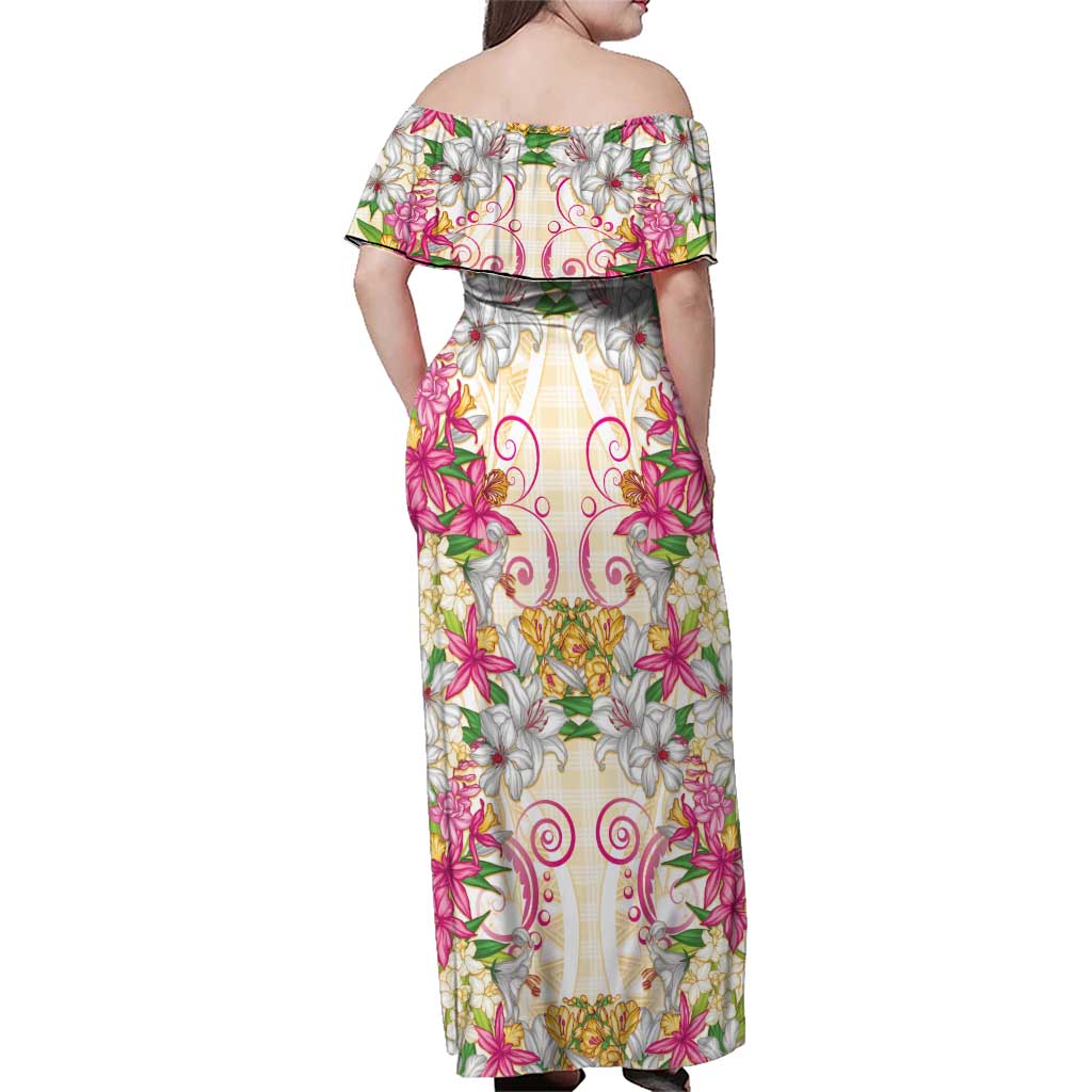 Hawaii Palaka Family Matching Off Shoulder Maxi Dress and Hawaiian Shirt Yellow Tribal Pattern With Tropical Flowers LT05 - Polynesian Pride