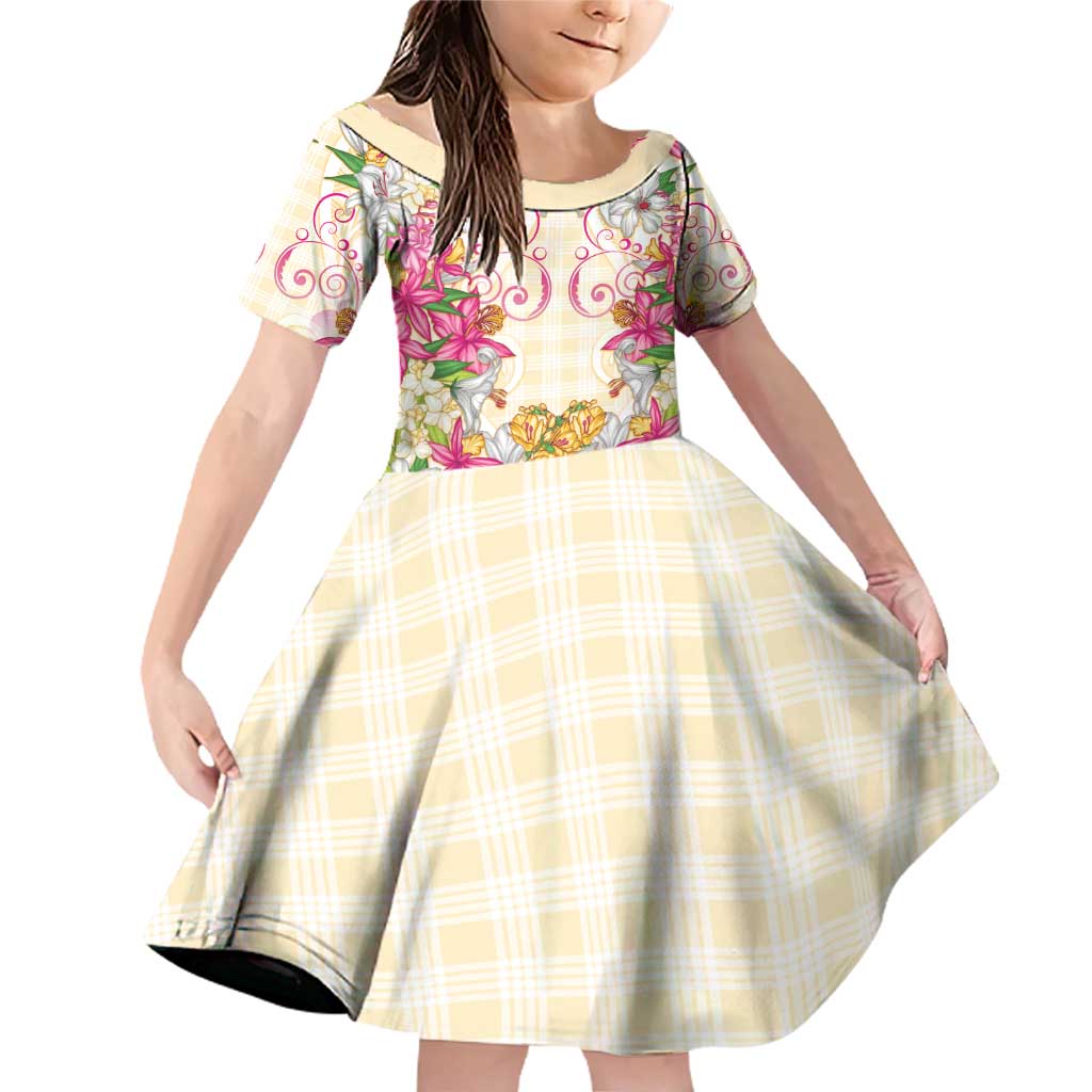 Hawaii Palaka Family Matching Off Shoulder Short Dress and Hawaiian Shirt Yellow Tribal Pattern With Tropical Flowers LT05 Daughter's Dress Yellow - Polynesian Pride
