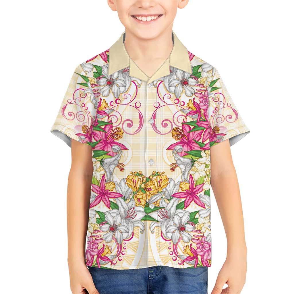 Hawaii Palaka Family Matching Off Shoulder Short Dress and Hawaiian Shirt Yellow Tribal Pattern With Tropical Flowers LT05 Son's Shirt Yellow - Polynesian Pride