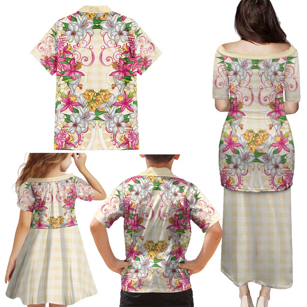 Hawaii Palaka Family Matching Puletasi and Hawaiian Shirt Yellow Tribal Pattern With Tropical Flowers - Polynesian Pride