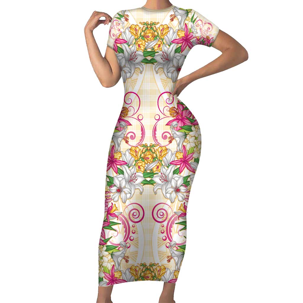 Hawaii Palaka Family Matching Short Sleeve Bodycon Dress and Hawaiian Shirt Yellow Tribal Pattern With Tropical Flowers LT05 Mom's Dress Yellow - Polynesian Pride