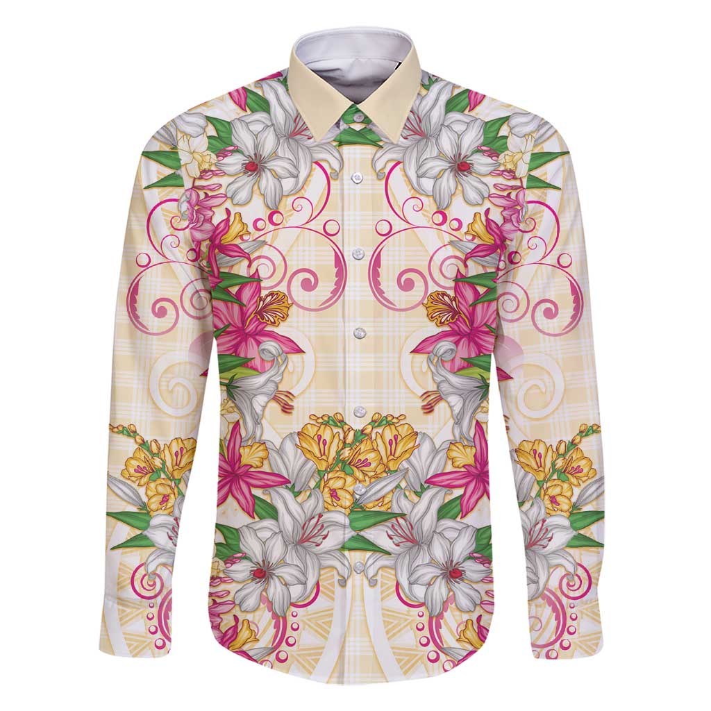 Hawaii Palaka Family Matching Summer Maxi Dress and Hawaiian Shirt Yellow Tribal Pattern With Tropical Flowers LT05 Dad's Shirt - Long Sleeve Yellow - Polynesian Pride