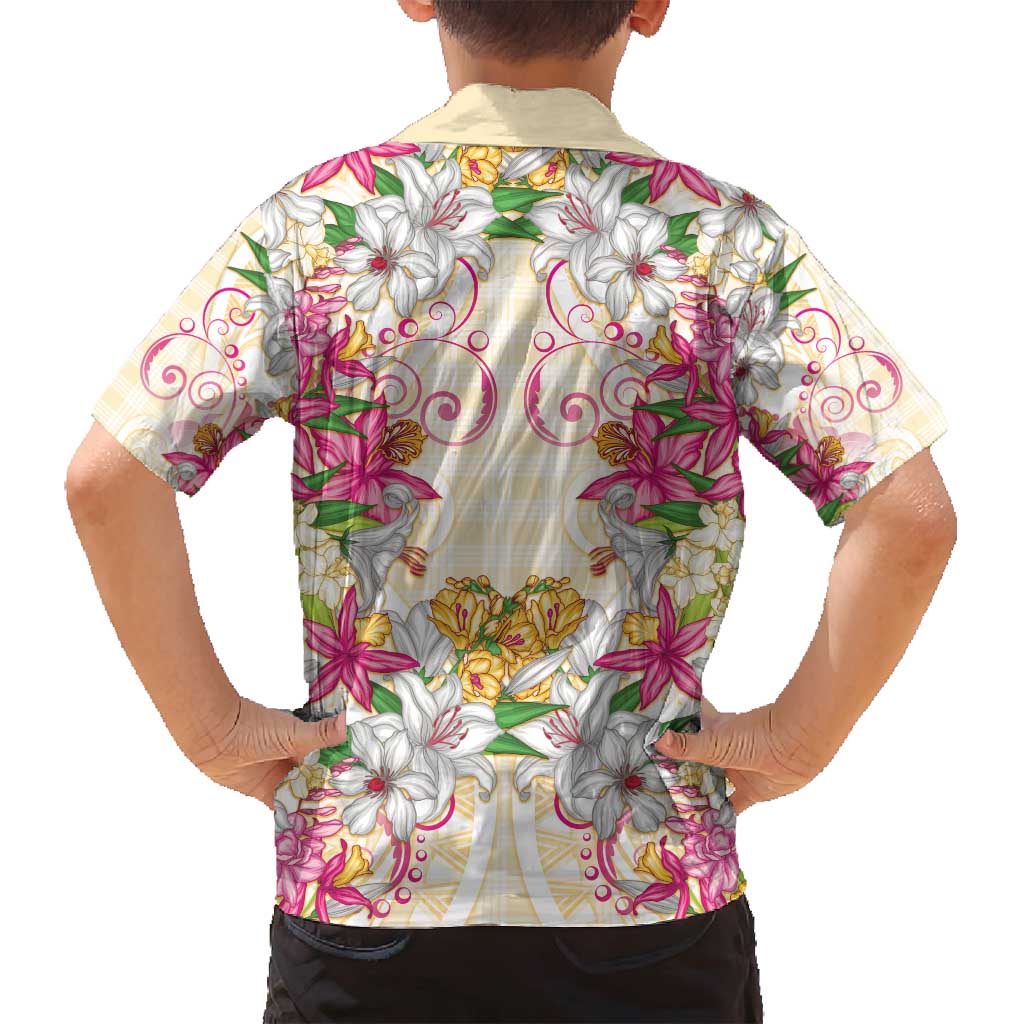 Hawaii Palaka Family Matching Tank Maxi Dress and Hawaiian Shirt Yellow Tribal Pattern With Tropical Flowers LT05 - Polynesian Pride