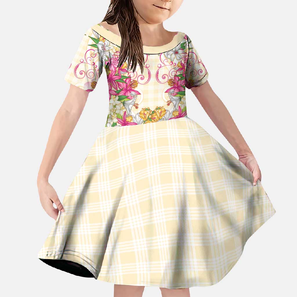 Hawaii Palaka Family Matching Tank Maxi Dress and Hawaiian Shirt Yellow Tribal Pattern With Tropical Flowers LT05 Daughter's Dress Yellow - Polynesian Pride