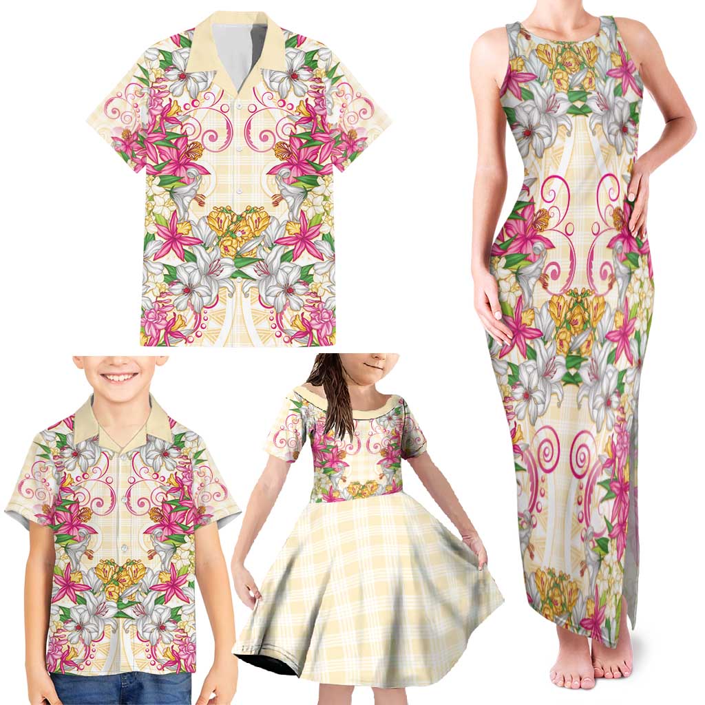 Hawaii Palaka Family Matching Tank Maxi Dress and Hawaiian Shirt Yellow Tribal Pattern With Tropical Flowers LT05 - Polynesian Pride