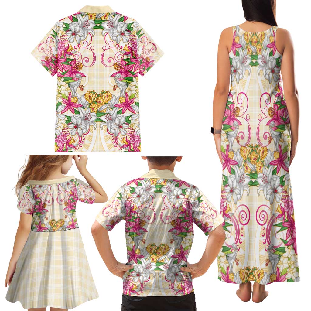 Hawaii Palaka Family Matching Tank Maxi Dress and Hawaiian Shirt Yellow Tribal Pattern With Tropical Flowers LT05 - Polynesian Pride