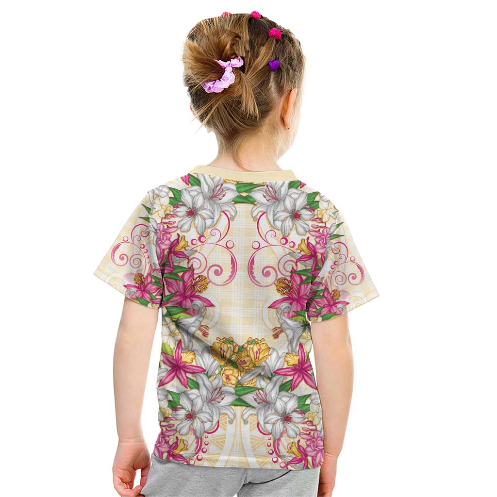 Hawaii Palaka Kid T Shirt Yellow Tribal Pattern With Tropical Flowers - Polynesian Pride