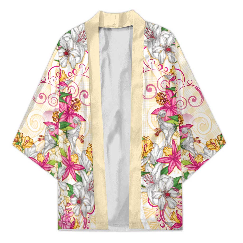 Hawaii Palaka Kimono Yellow Tribal Pattern With Tropical Flowers - Polynesian Pride