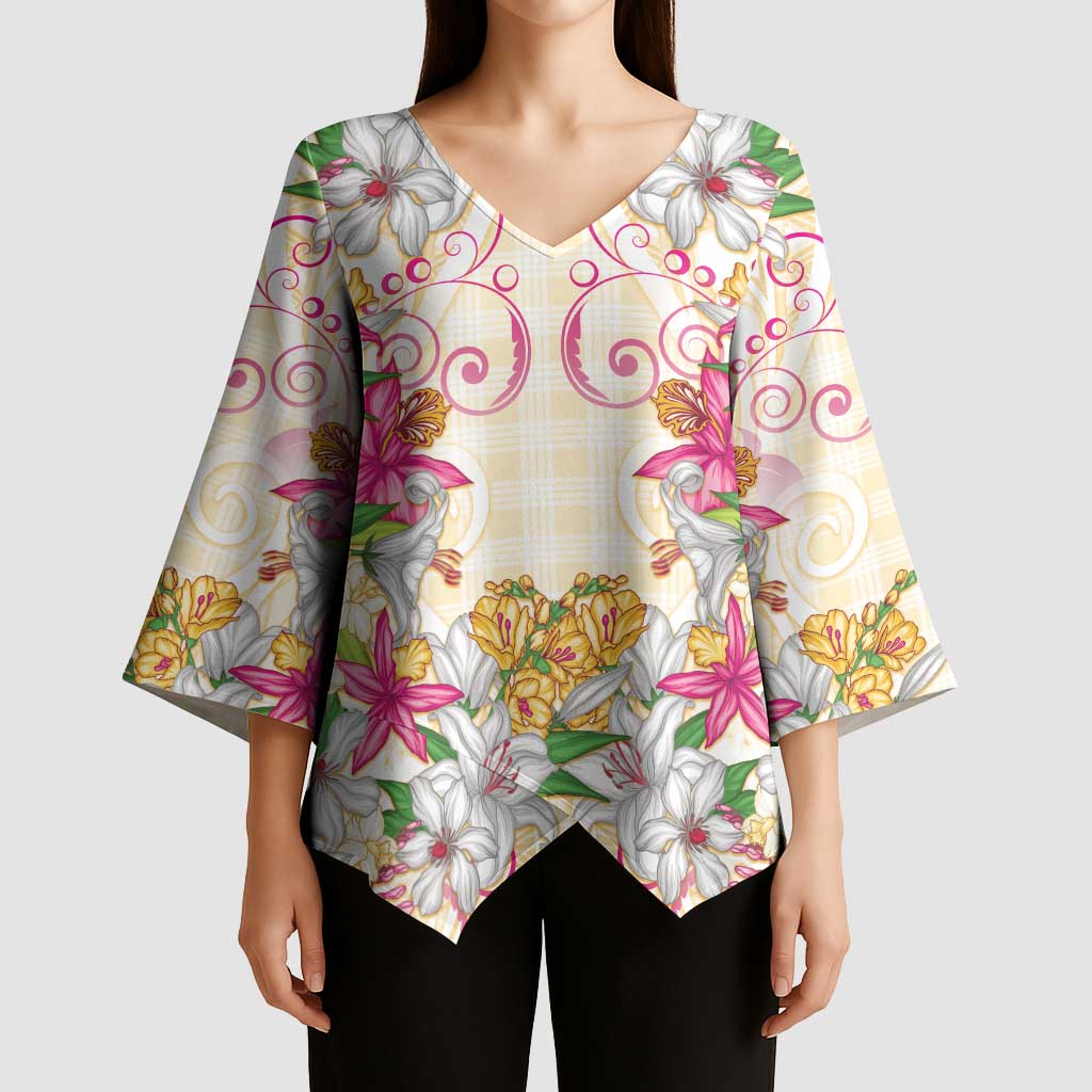 Hawaii Palaka Kimono Sleeve Blouse Yellow Tribal Pattern With Tropical Flowers - Polynesian Pride